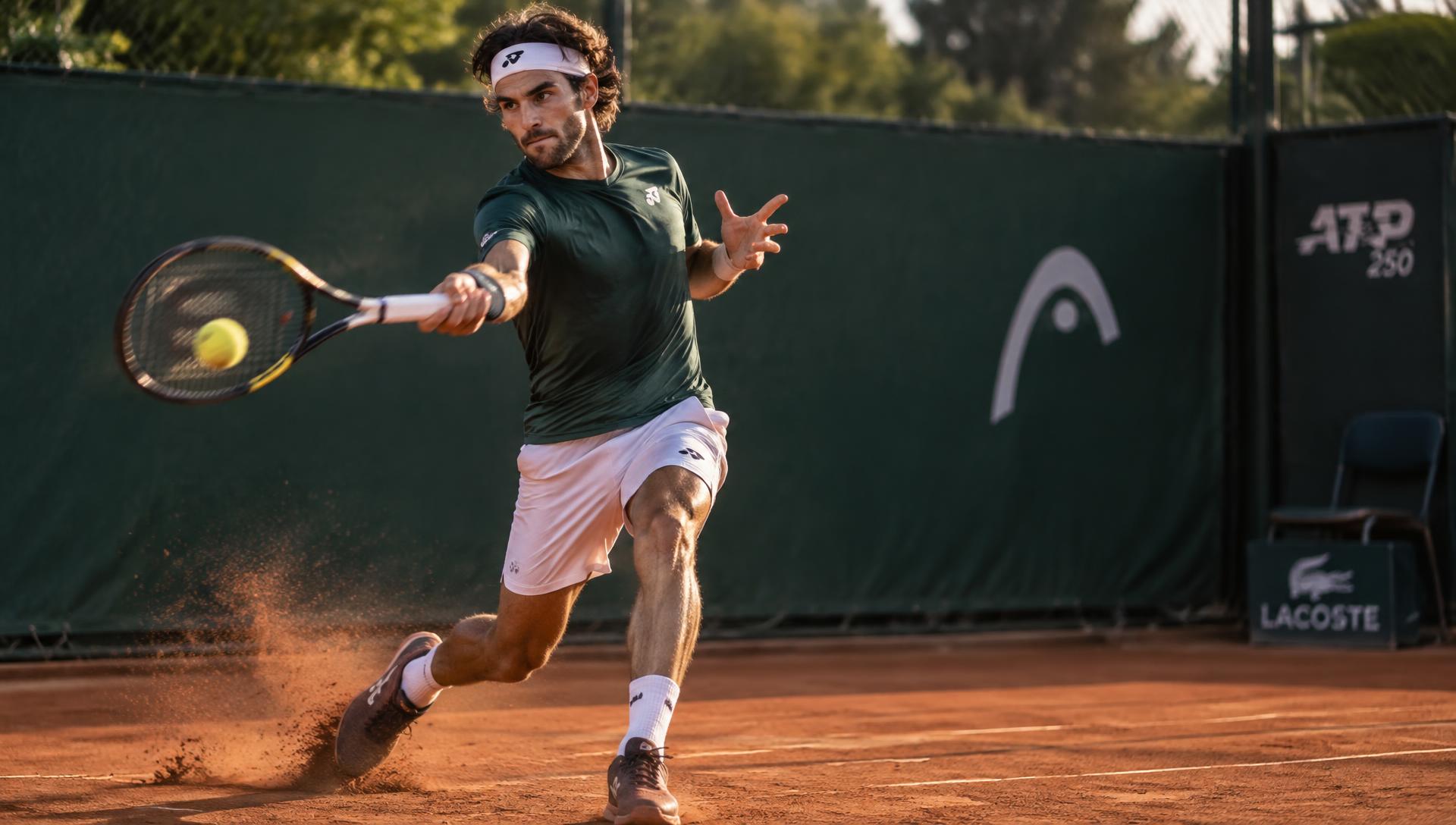 Tennisspiller slår en tung forhånd på grusbane med ketsjer strenget med Grapplesnake Soldier